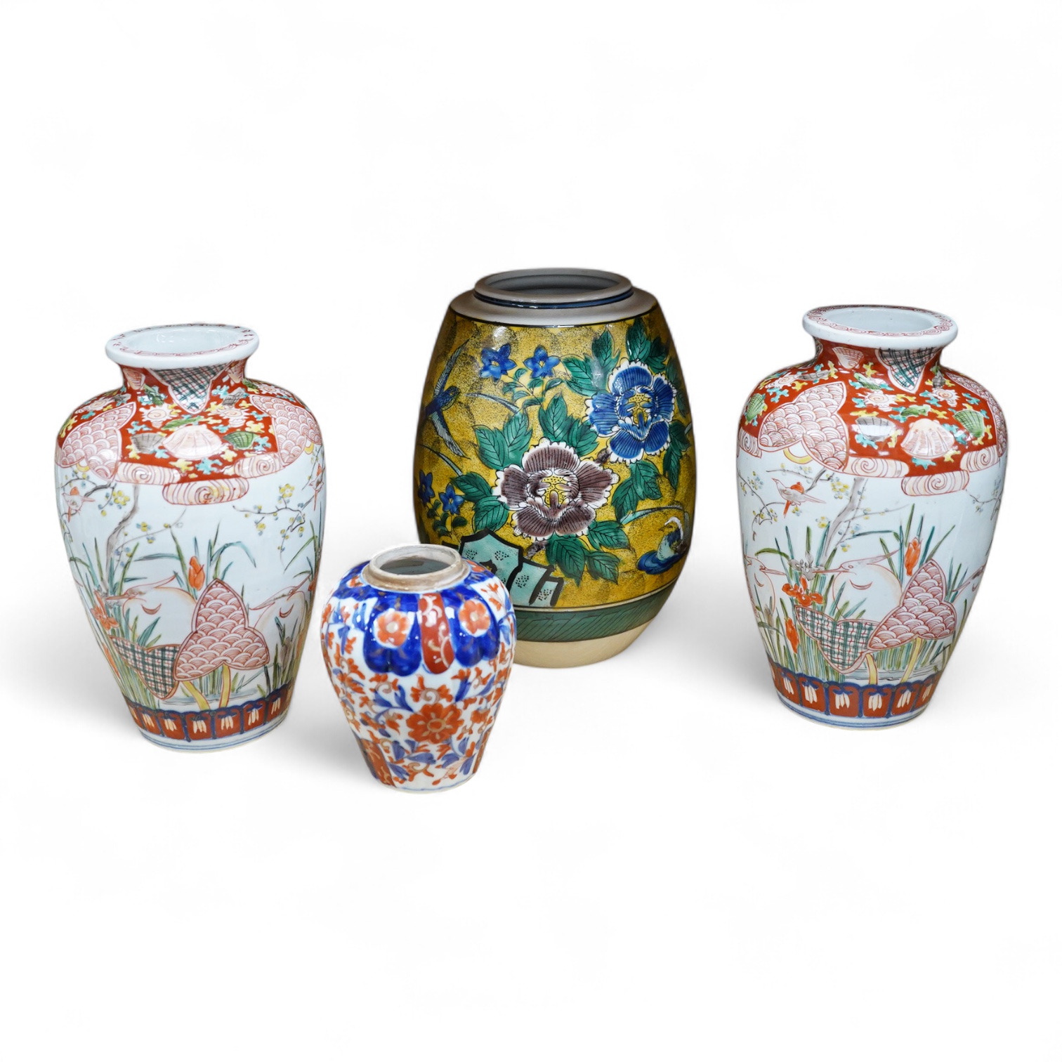 A Japanese green Kutani vase, a pair of Imari vases and smaller vase (4)